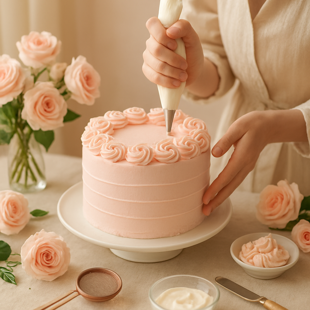 Ghania decorating a pink layered cake in her bakery
