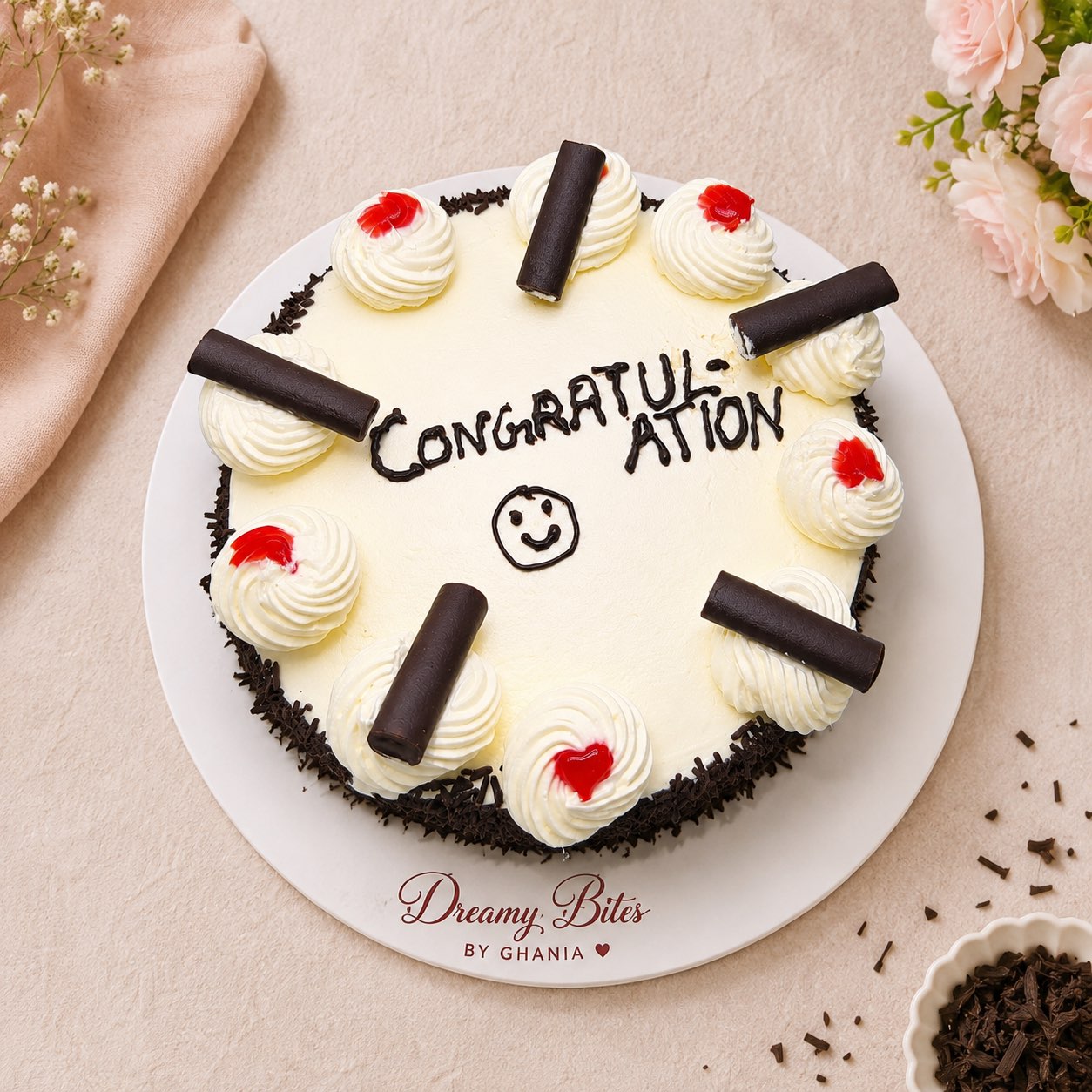 Congratulations cake with chocolate rolls and cherries